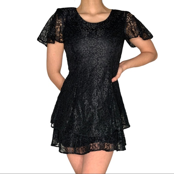 Vintage 80s Full black lace mini dress - Picture 2 of 5